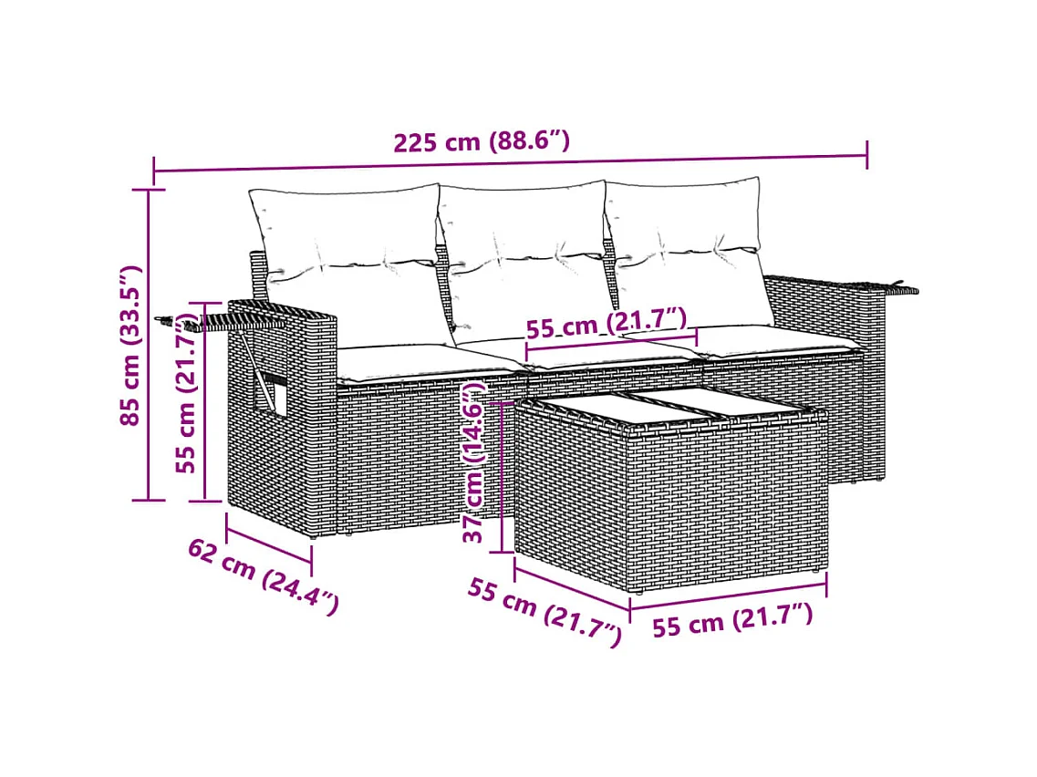 Salon de jardin 4 pcs avec coussins gris clair résine tressée