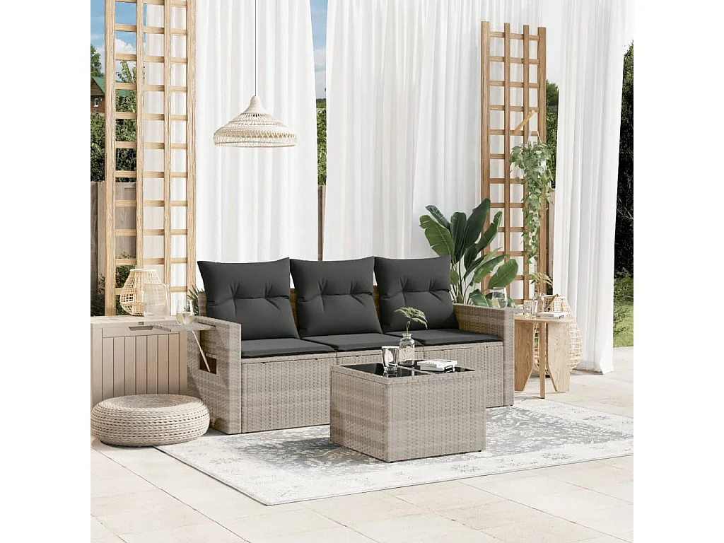 Salon de jardin 4 pcs avec coussins gris clair résine tressée