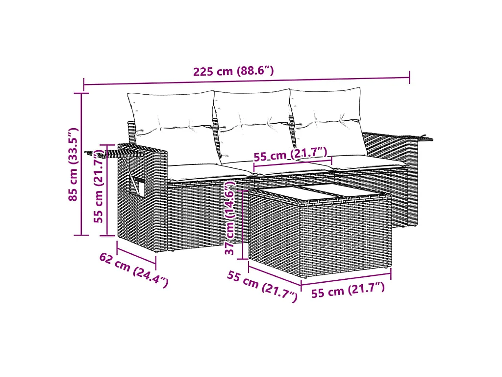4-delige Loungeset met kussens poly rattan lichtgrijs