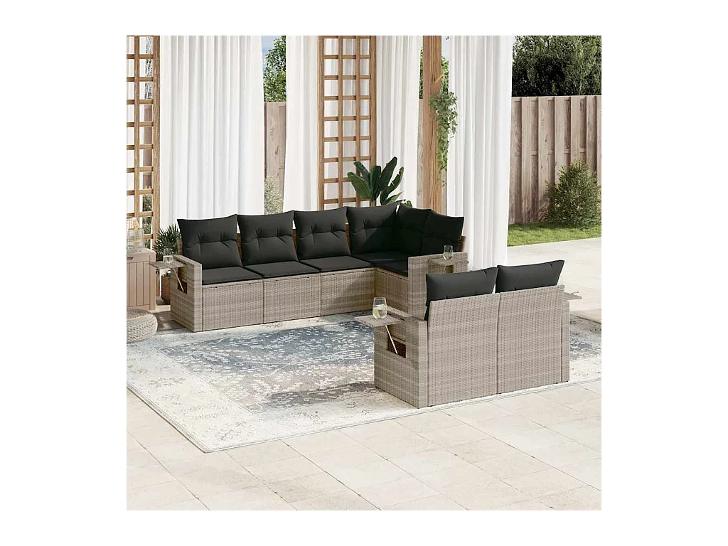 Salon de jardin avec coussins 7 pcs gris clair résine tressée