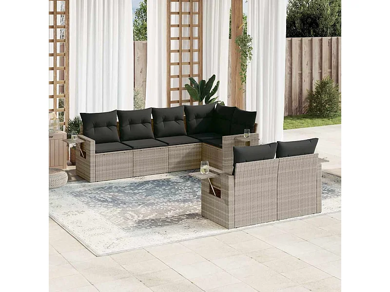 7 pcs conj. sofás jardim com almofadões vime PE cinzento-claro