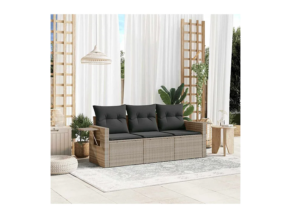 3-tlg. Garten-Sofagarnitur mit Kissen Hellgrau Poly Rattan