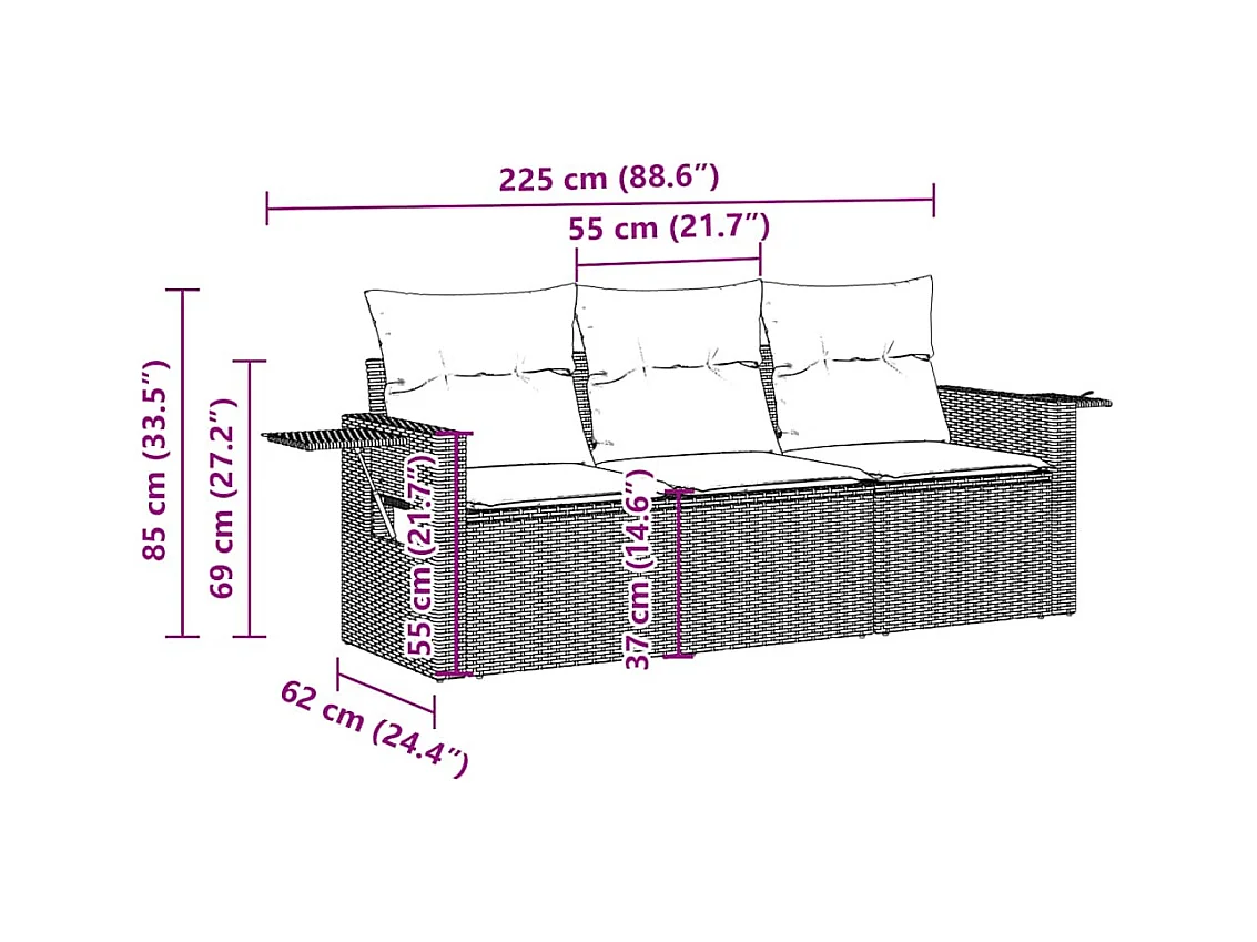 3-tlg. Garten-Sofagarnitur mit Kissen Hellgrau Poly Rattan