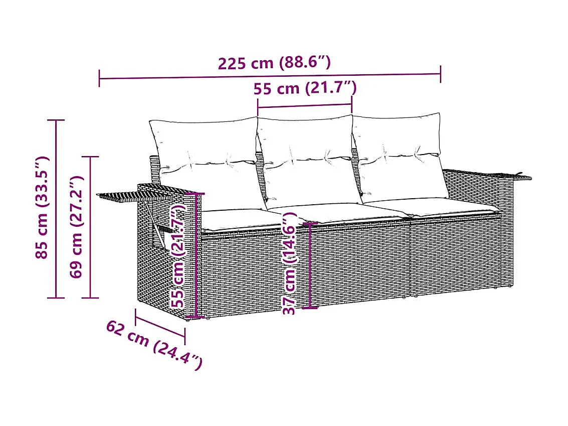 Salon de jardin avec coussins 3 pcs gris clair résine tressée