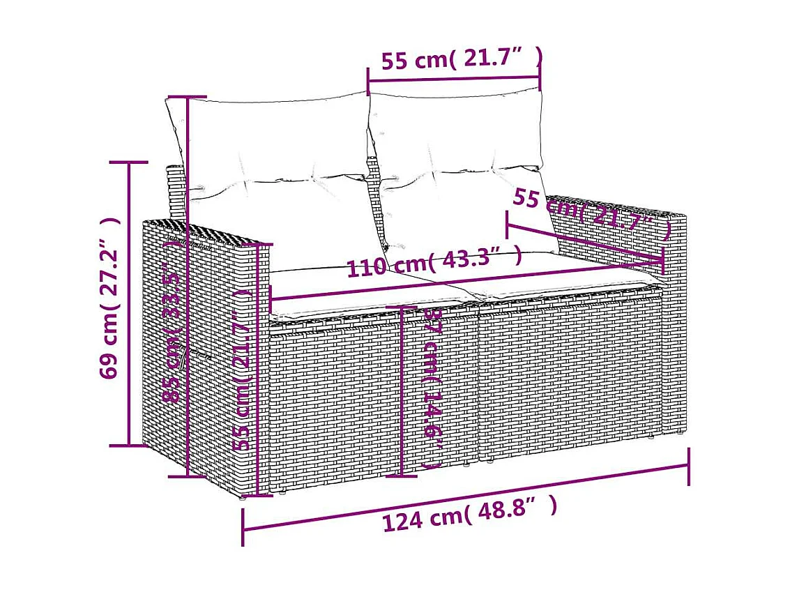 Salon de jardin avec coussins 3 pcs gris clair résine tressée