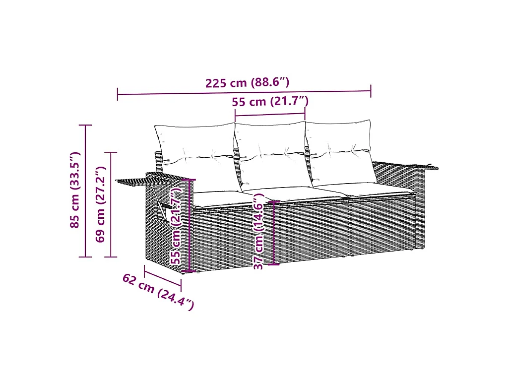 Salon de jardin avec coussins 3 pcs gris clair résine tressée