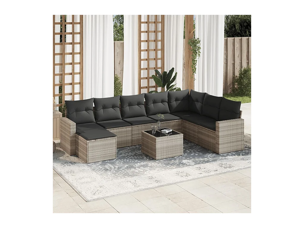 Salon de jardin 9 pcs avec coussins gris clair résine tressée