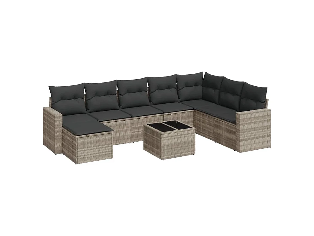Salon de jardin 9 pcs avec coussins gris clair résine tressée