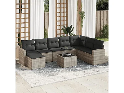 Salon de jardin 9 pcs avec coussins gris clair résine tressée