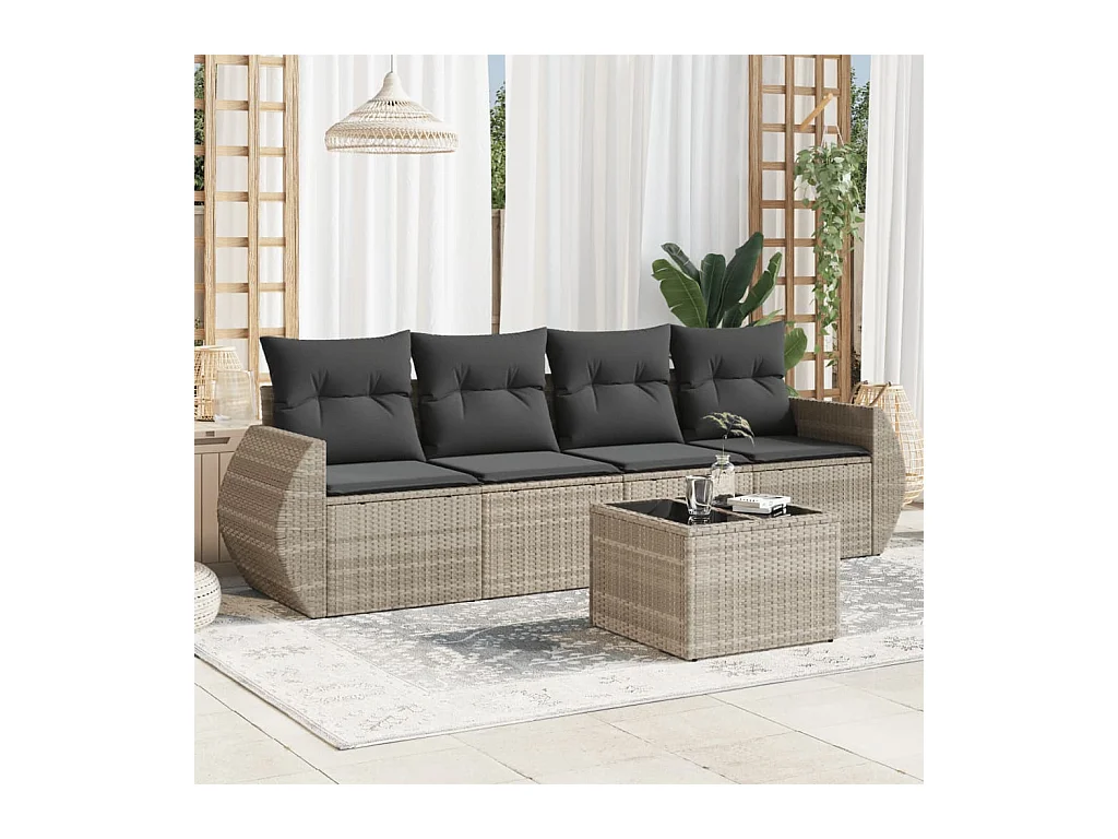 Salon de jardin 5 pcs avec coussins gris clair résine tressée