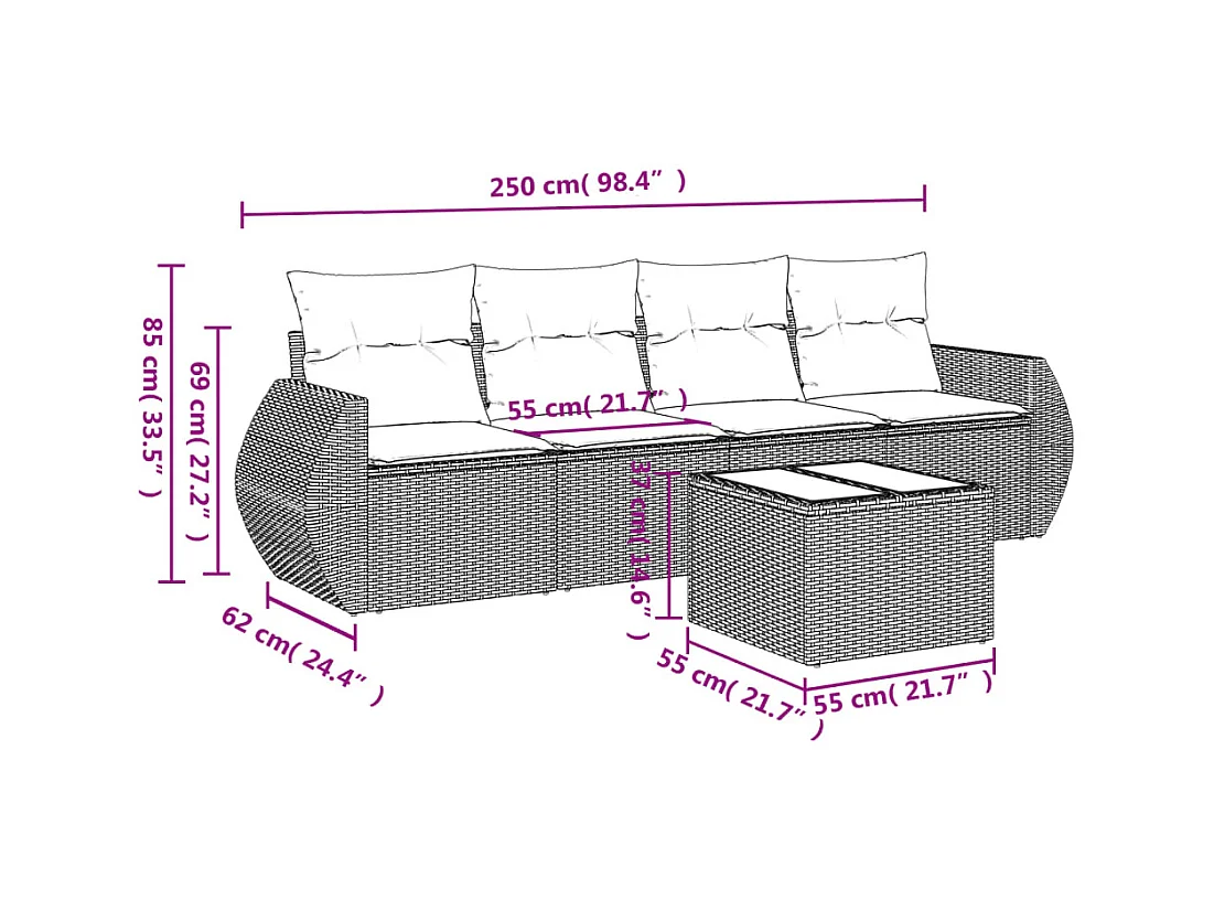 Salon de jardin 5 pcs avec coussins gris clair résine tressée