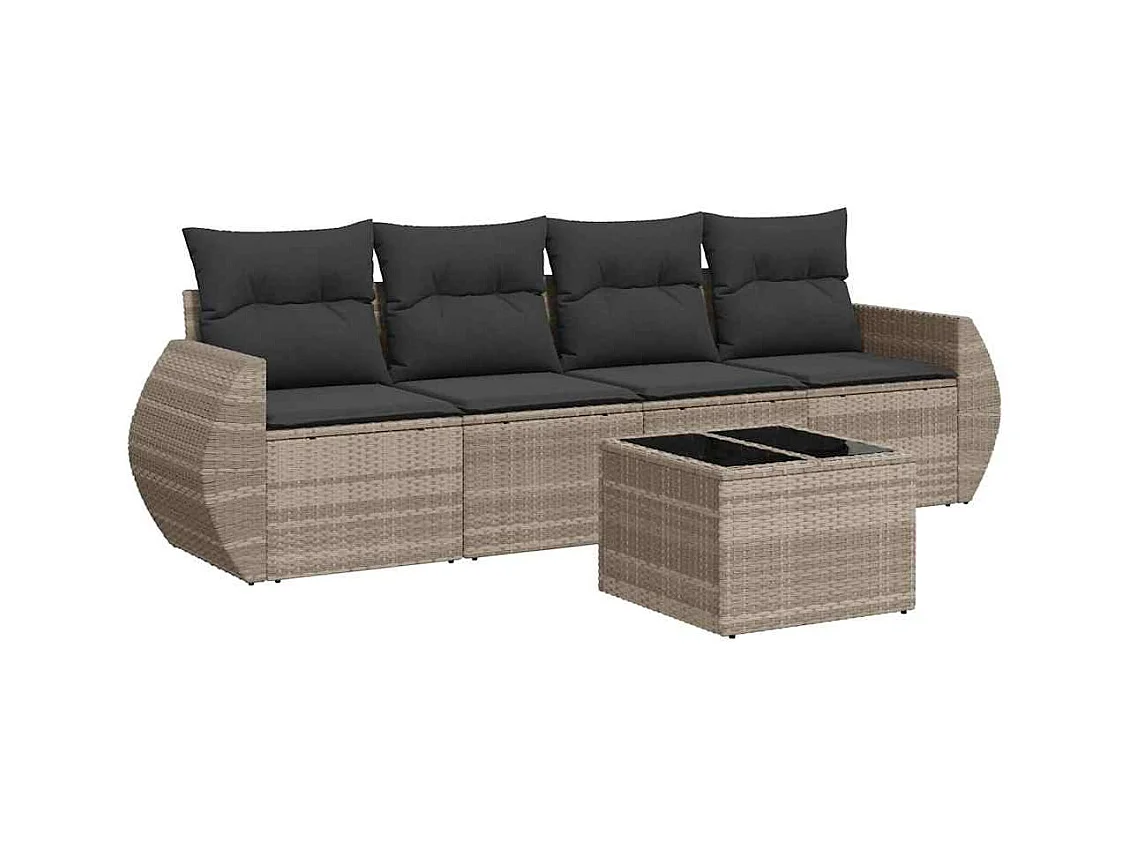 5-tlg. Garten-Sofagarnitur mit Kissen Hellgrau Poly Rattan