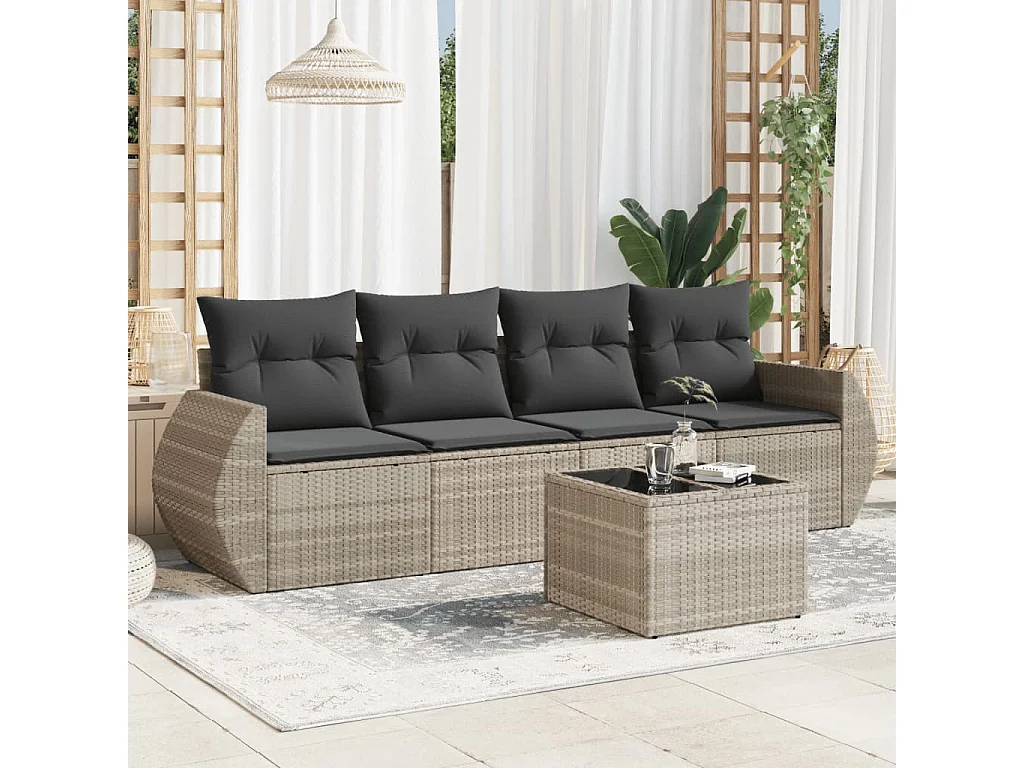 5-tlg. Garten-Sofagarnitur mit Kissen Hellgrau Poly Rattan