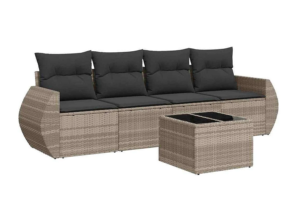 5-tlg. Garten-Sofagarnitur mit Kissen Hellgrau Poly Rattan