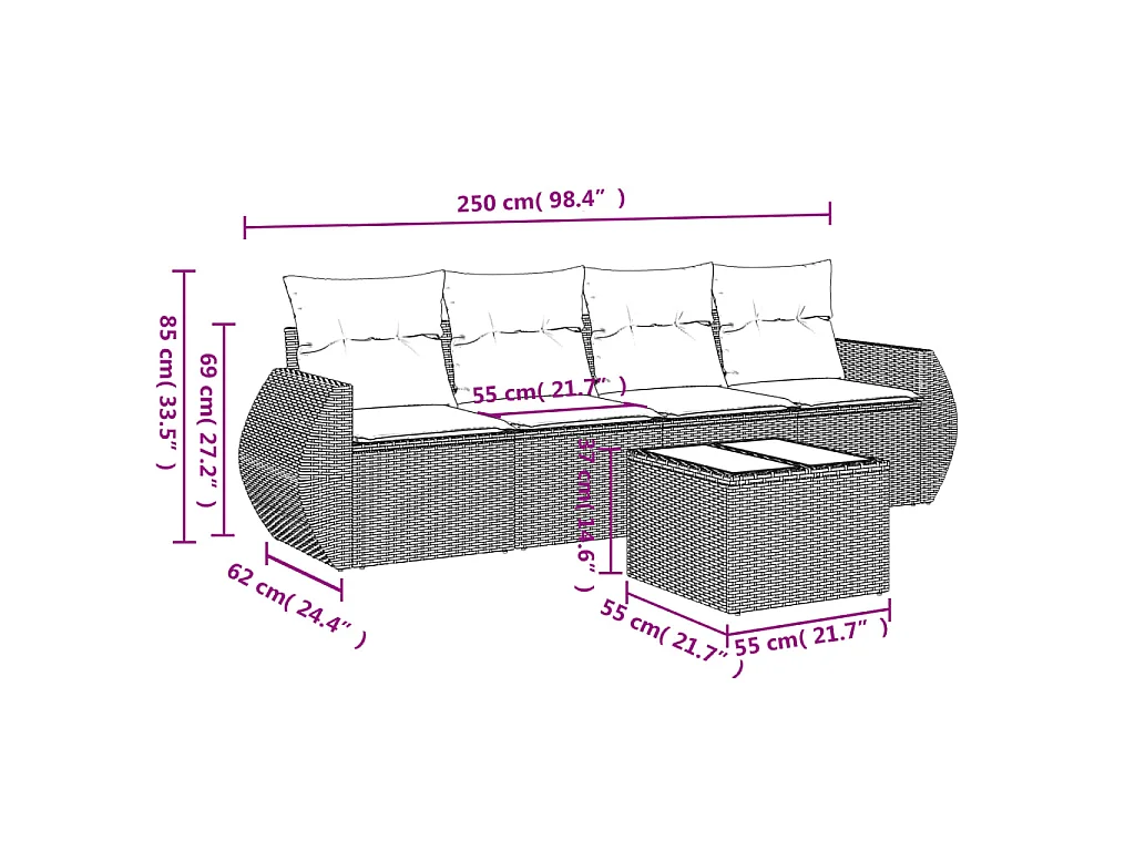 Set Divano da Giardino 5pz con Cuscini Grigio Chiaro Polyrattan