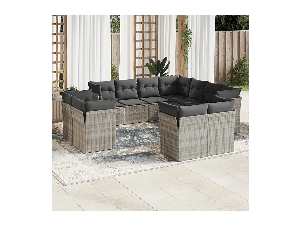 11-tlg. Garten-Sofagarnitur mit Kissen Hellgrau Poly Rattan