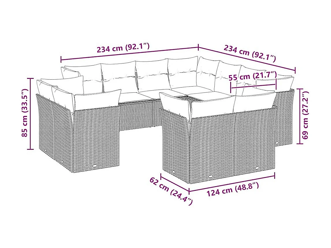 Salon de jardin 11 pcs avec coussins gris clair résine tressée