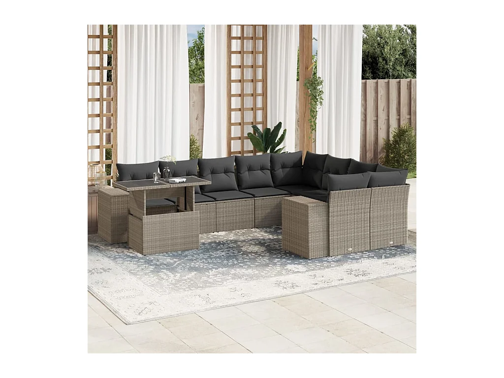 Salon de jardin avec coussins 10 pcs gris clair résine tressée