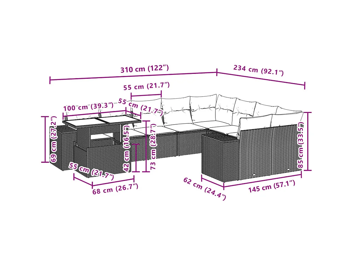 Salon de jardin avec coussins 10 pcs gris clair résine tressée