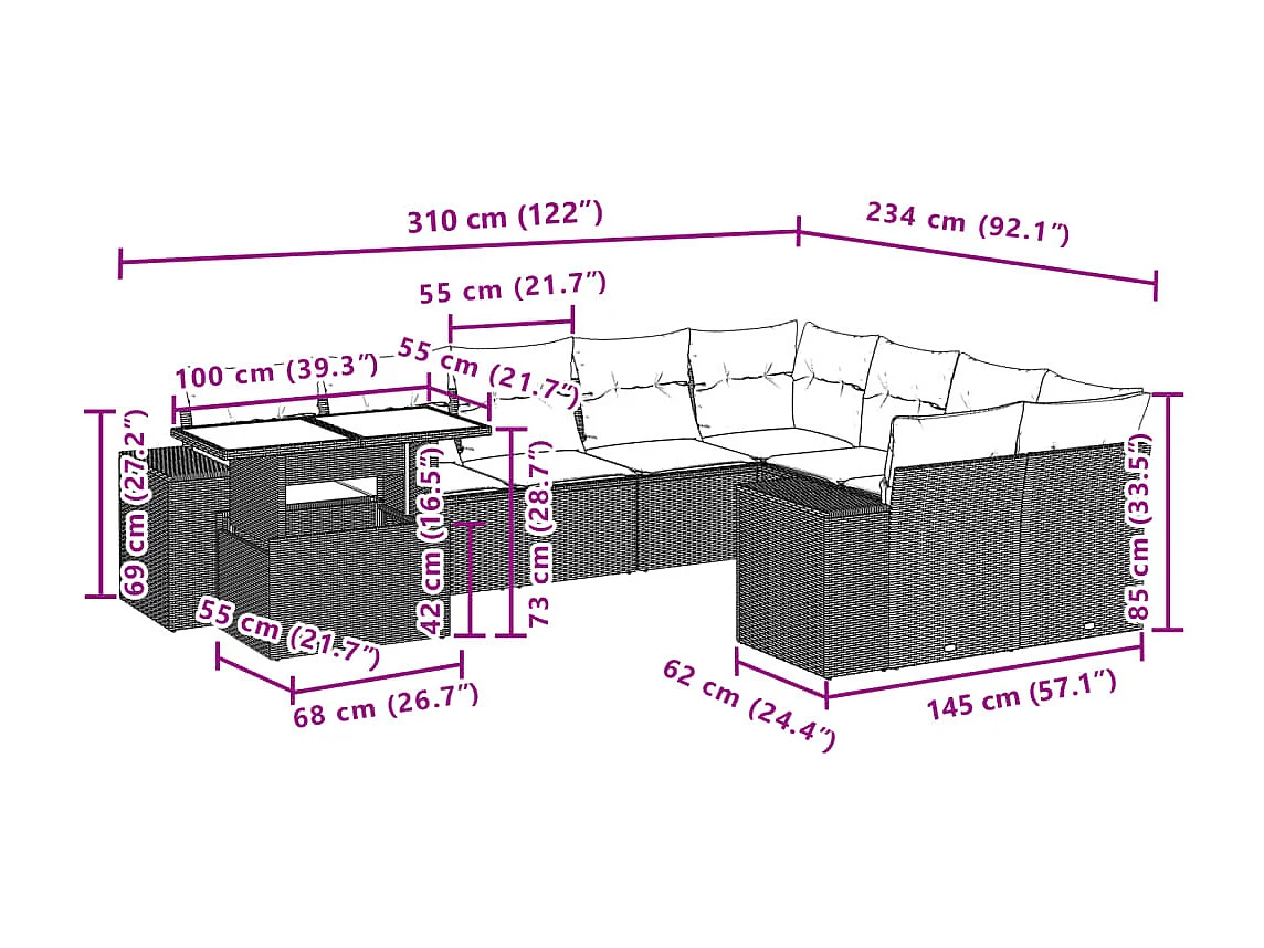 Salon de jardin avec coussins 10 pcs gris clair résine tressée