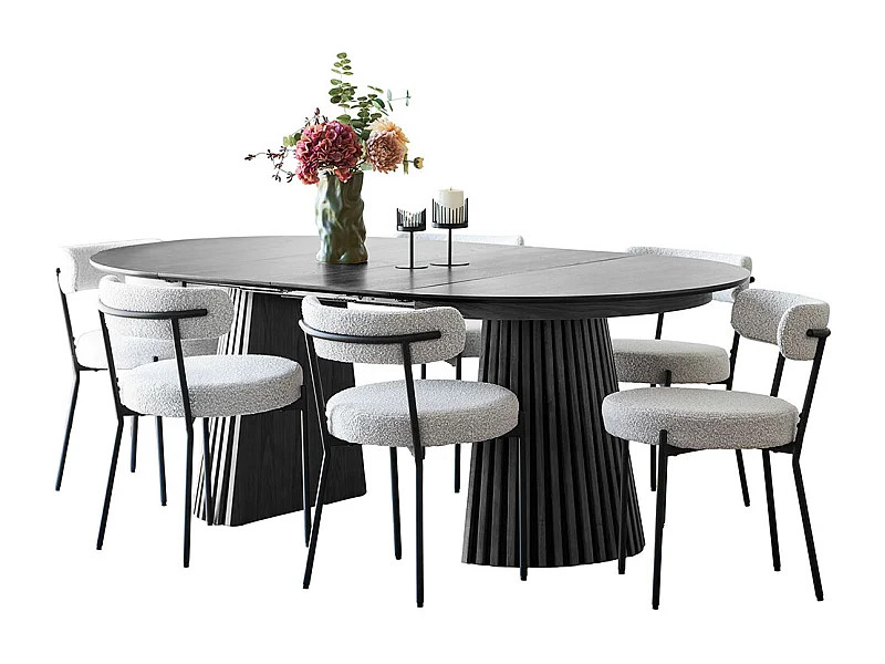 Tokyo Essgruppe Esstisch inkl. 2 Einlegeplatten Ø120x120-160-200 cm Schwarz und 6 Stühle Bouclé Weiß.