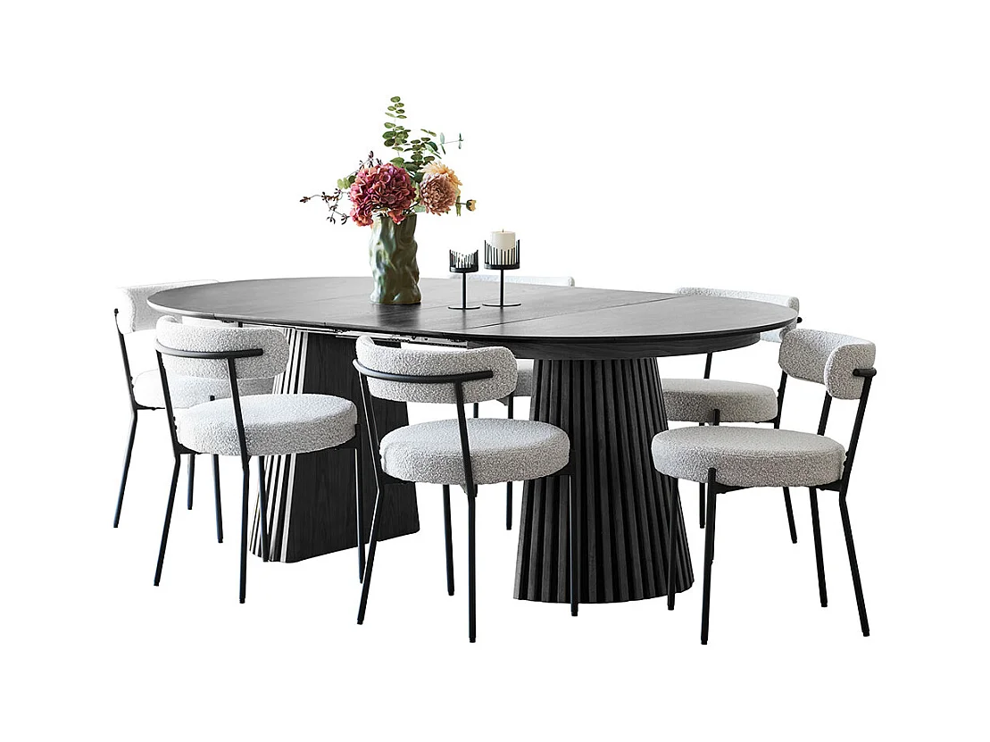 Tokyo ensemble pour salle à manger table à manger avec 2 rallonges Ø120x120-160-200 cm noire et 6 chaises bouclé blanc.