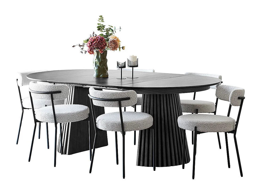 Tokyo ensemble pour salle à manger table à manger avec 2 rallonges Ø120x120-160-200 cm noire et 6 chaises bouclé blanc.