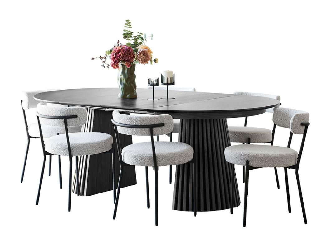 Tokyo eethoek eettafel incl. 2 verlengbladen Ø120x120-160-200cm zwart en 6 stoelen bouclé wit.