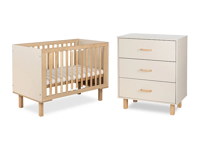 Lit évolutif 60x120 et commode 3 tiroirs Littlesky by Klups Laura Champagne et Bois