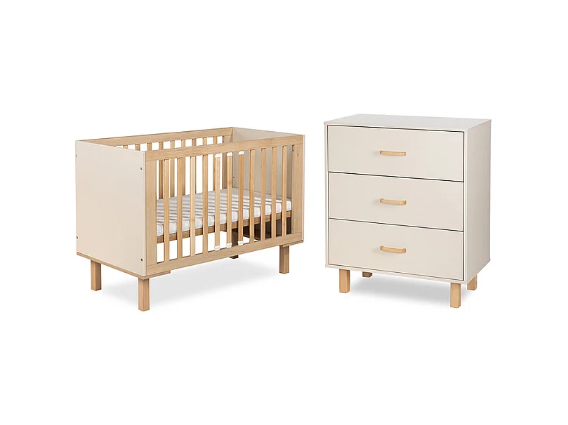 Lit évolutif 60x120 et commode 3 tiroirs Littlesky by Klups Laura Champagne et Bois