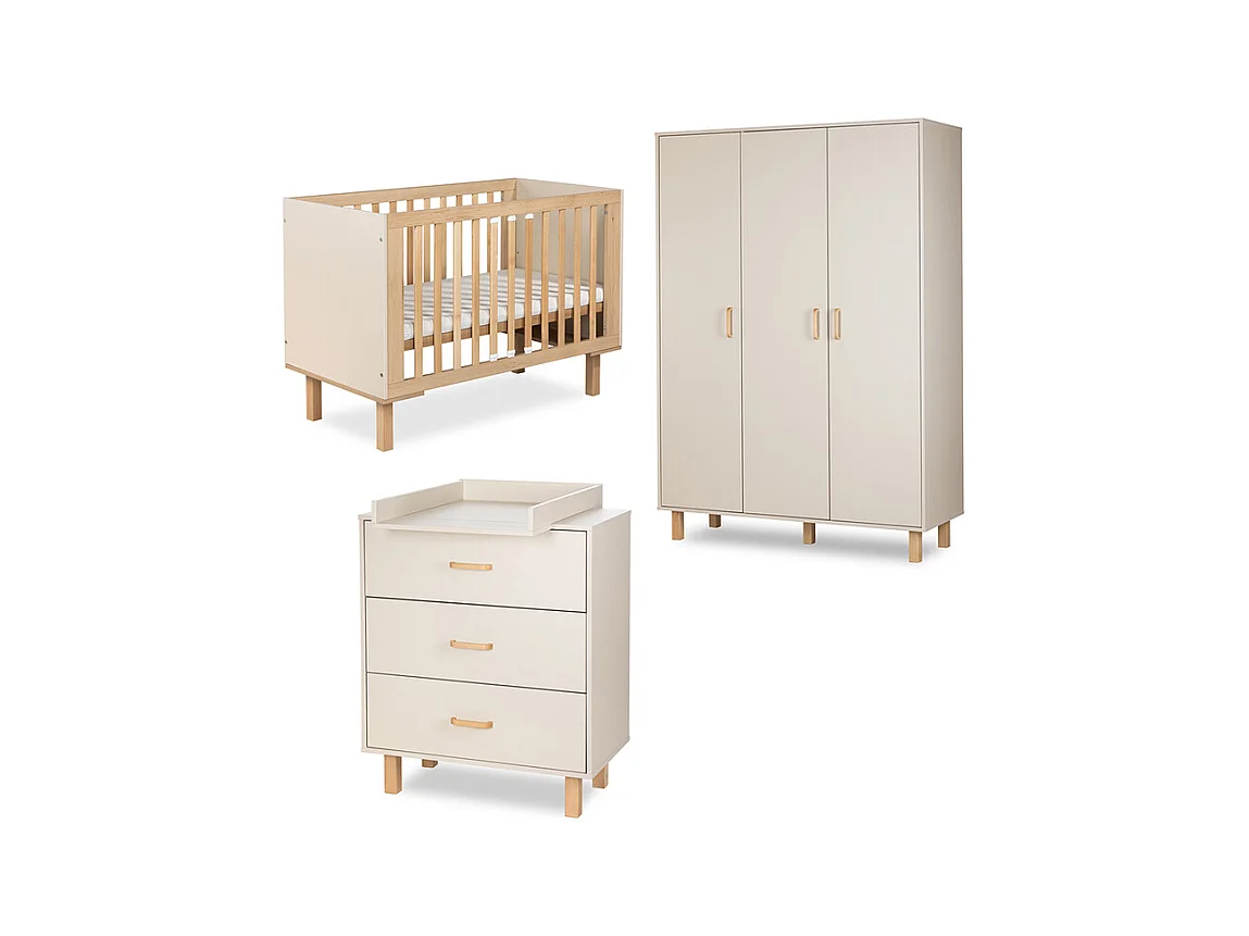 Chambre complète lit évolutif 60x120 commode à langer et armoire 3 portes Littlesky by Klups Laura Champagne et Bois