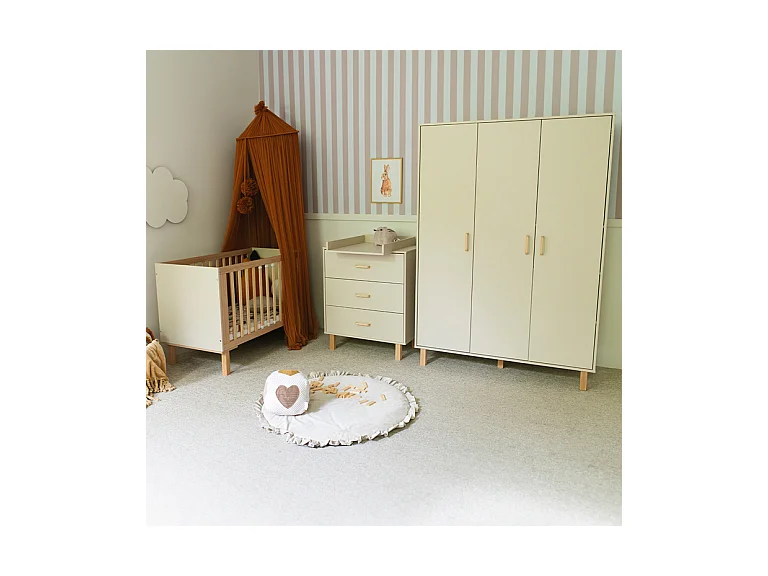 Chambre complète lit évolutif 60x120 commode à langer et armoire 3 portes Littlesky by Klups Laura Champagne et Bois