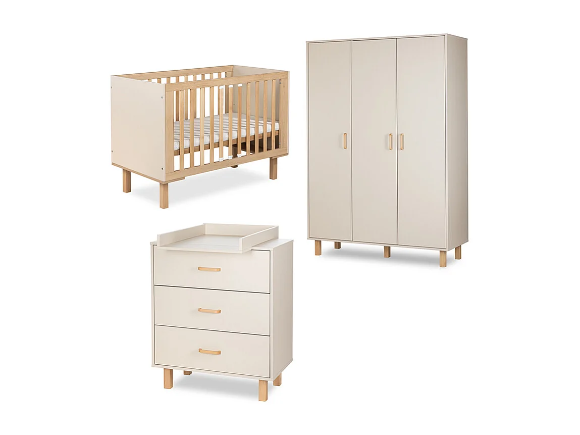 Chambre complète lit évolutif 60x120 commode à langer et armoire 3 portes Littlesky by Klups Laura Champagne et Bois