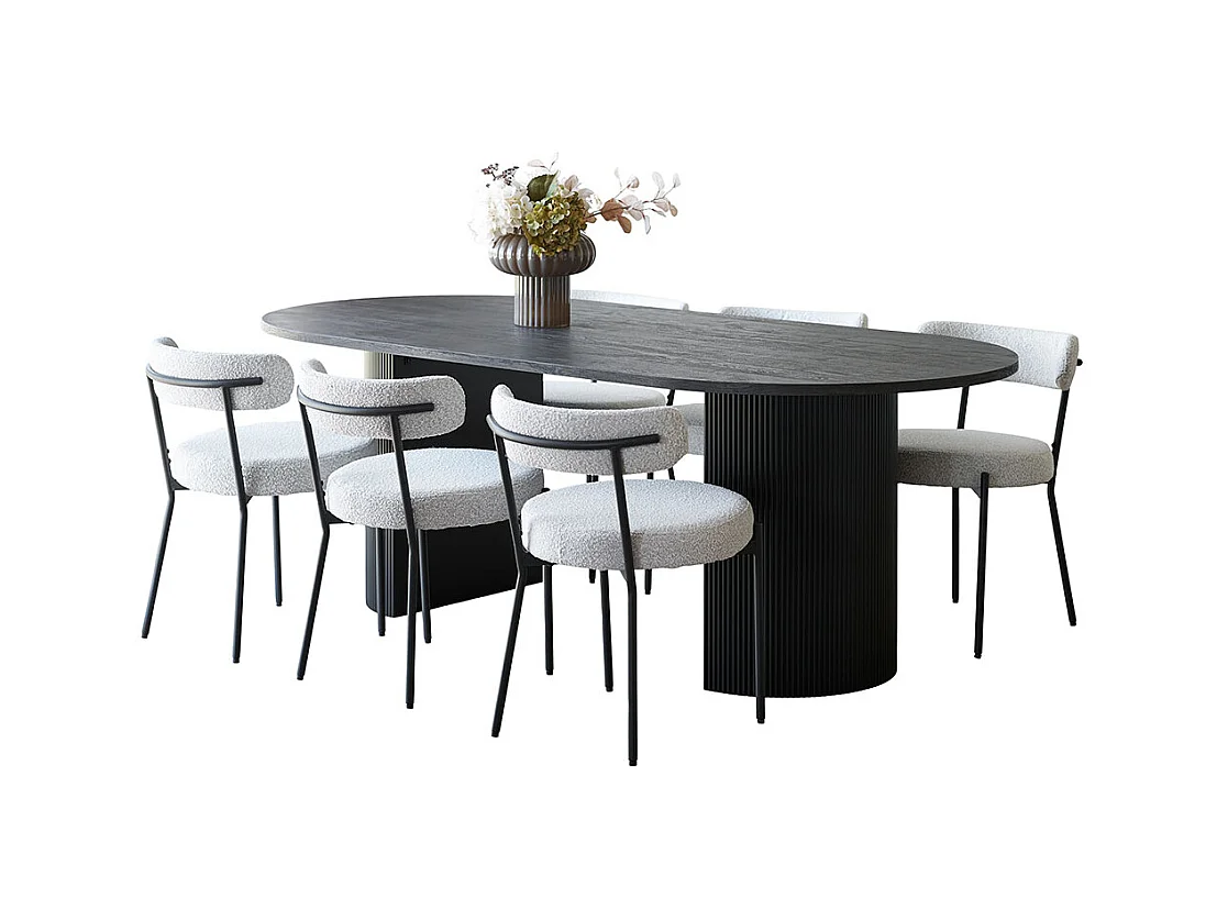 Kyoto ensemble pour salle à manger table à manger 100x210 cm brun foncé et 6 chaises bouclé blanc.