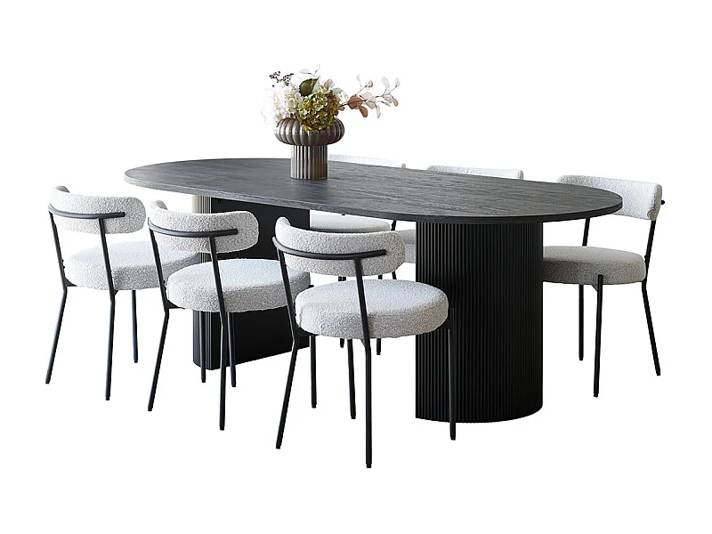 Kyoto ensemble pour salle à manger table à manger 100x210 cm brun foncé et 6 chaises bouclé blanc.