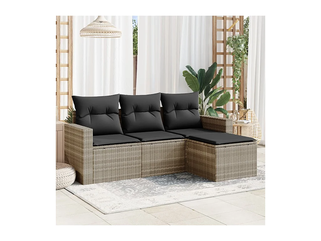 4-tlg. Garten-Sofagarnitur mit Kissen Hellgrau Poly Rattan