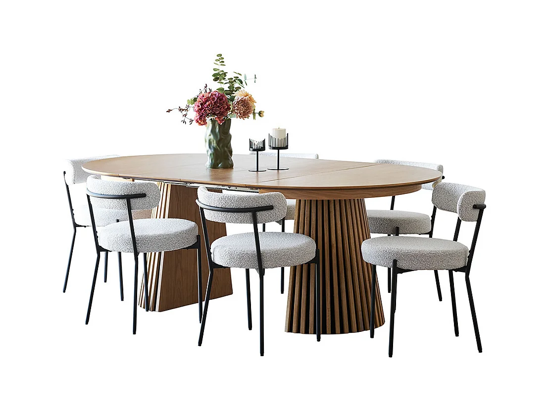 Tokyo ensemble pour salle à manger table à manger avec 2 rallonges Ø120x120-160-200 cm placage chêne et 6 chaises bouclé blanc.