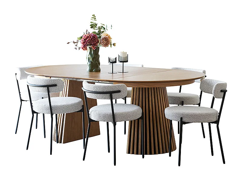 Tokyo ensemble pour salle à manger table à manger avec 2 rallonges Ø120x120-160-200 cm placage chêne et 6 chaises bouclé blanc.