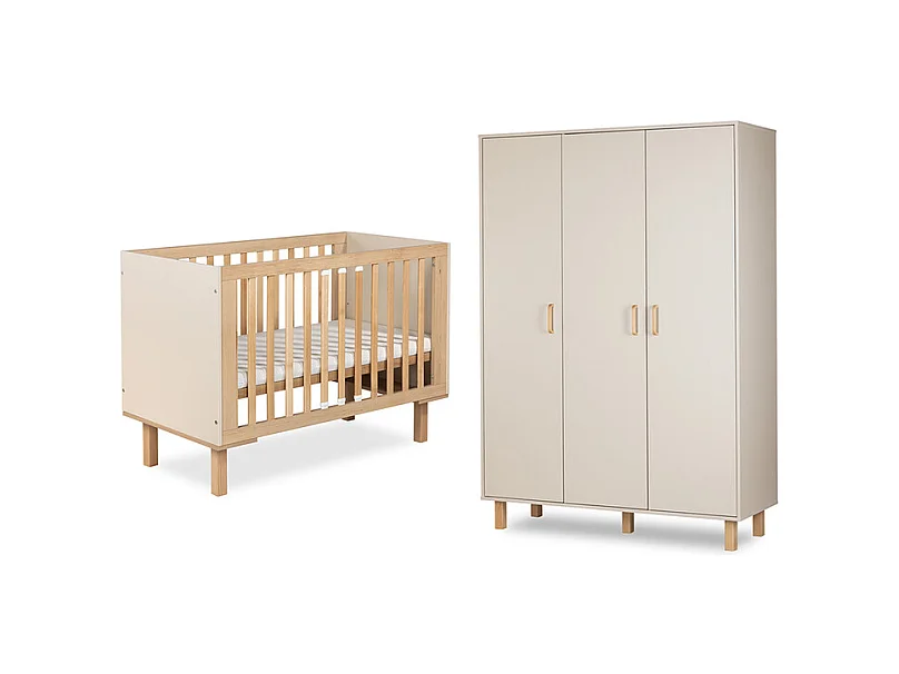 Lit évolutif 60x120 et armoire 3 portes Littlesky by Klups Laura Champagne et Bois