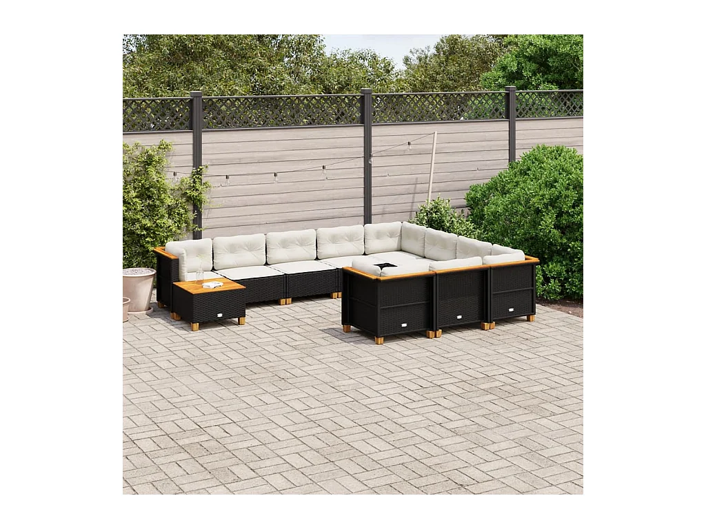 Salon de jardin 11 pcs avec coussins noir résine tressée