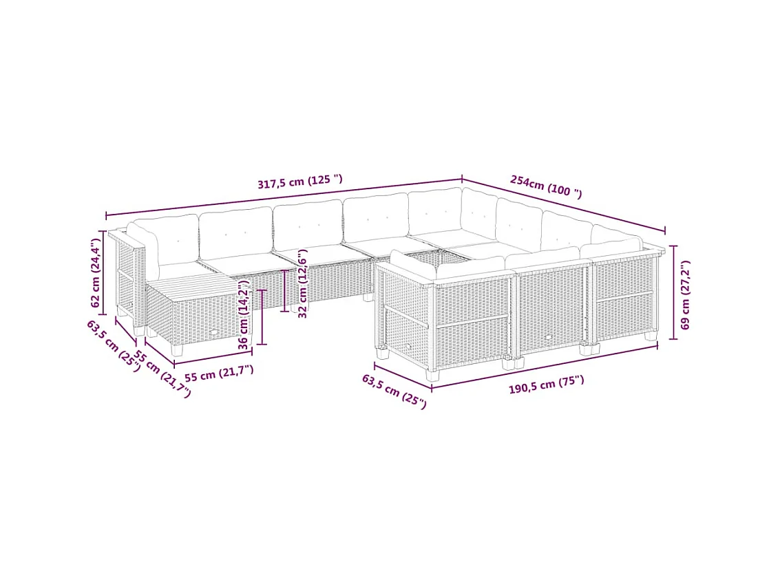 Salon de jardin 11 pcs avec coussins noir résine tressée