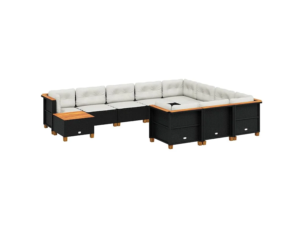 11-tlg. Garten-Sofagarnitur mit Kissen Schwarz Poly Rattan