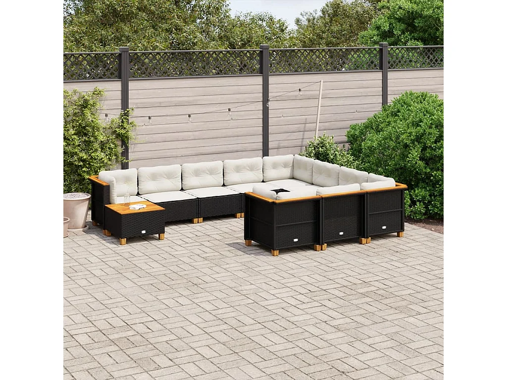 11-tlg. Garten-Sofagarnitur mit Kissen Schwarz Poly Rattan