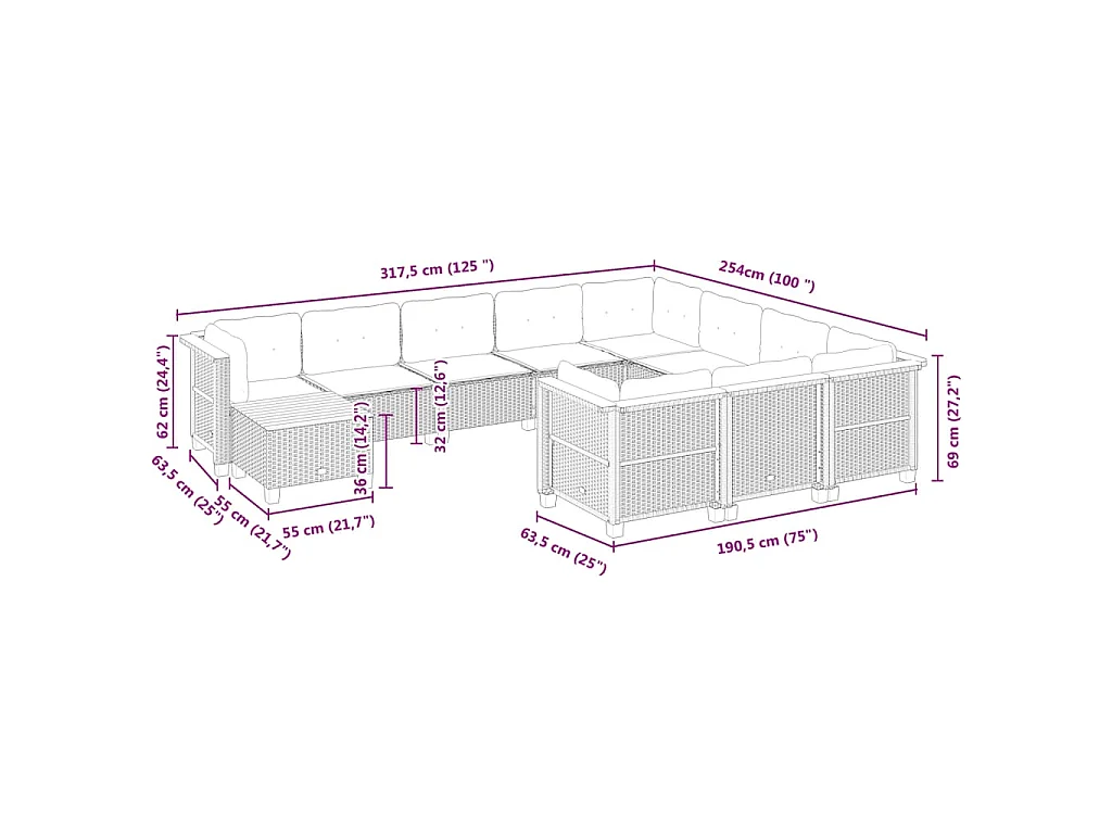 11-tlg. Garten-Sofagarnitur mit Kissen Schwarz Poly Rattan