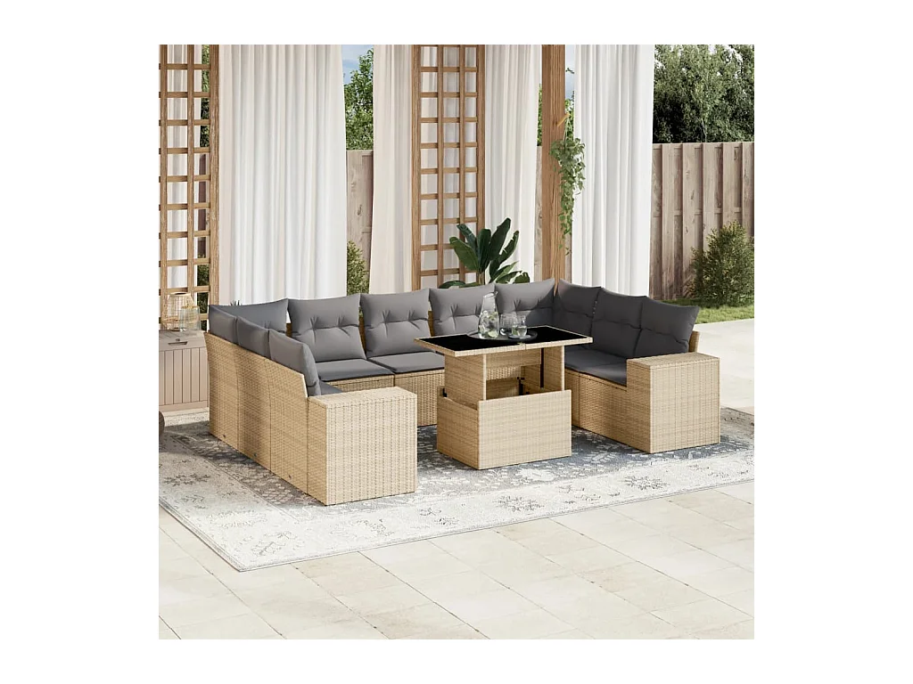 10-tlg. Garten-Sofagarnitur mit Kissen Beige Poly Rattan