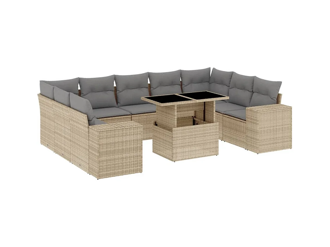 10-tlg. Garten-Sofagarnitur mit Kissen Beige Poly Rattan