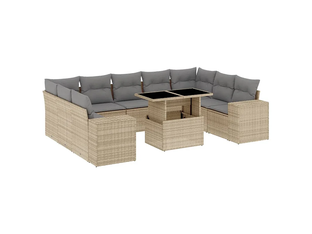 10-delige Loungeset met kussens poly rattan beige