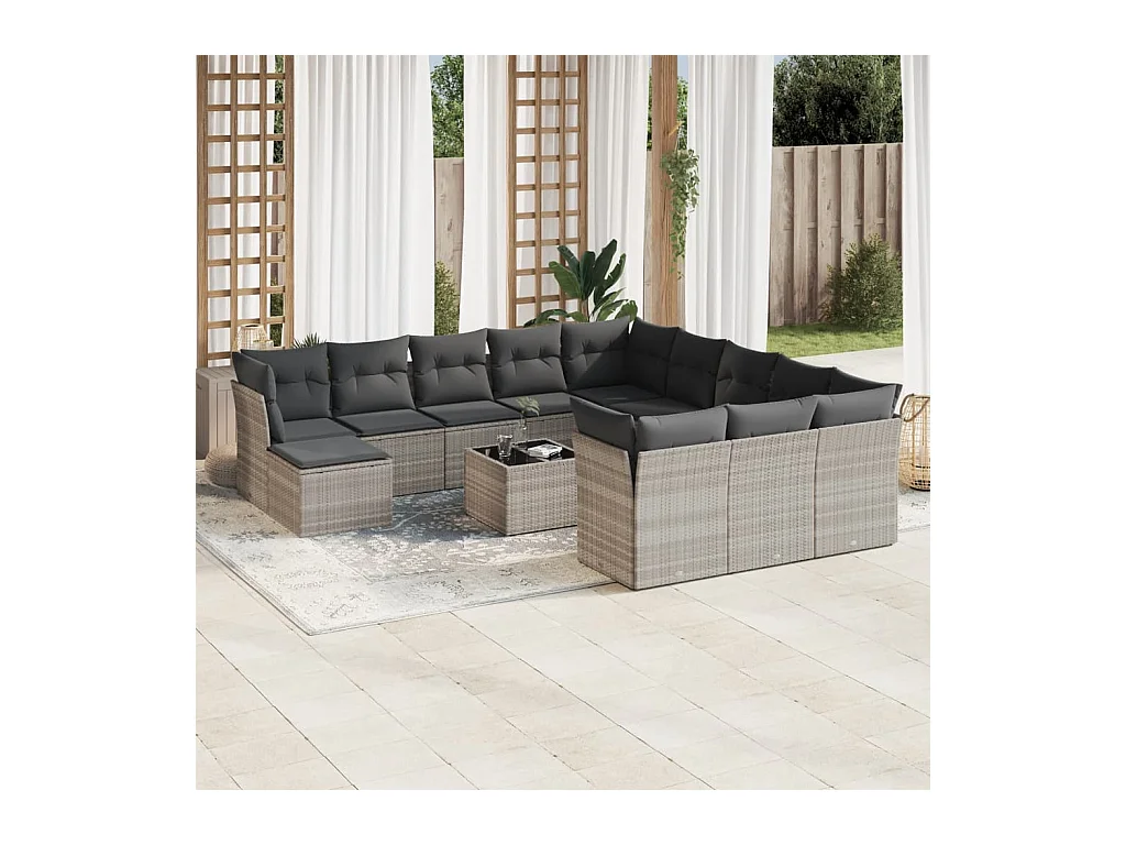Salon de jardin avec coussins 13 pcs gris clair résine tressée