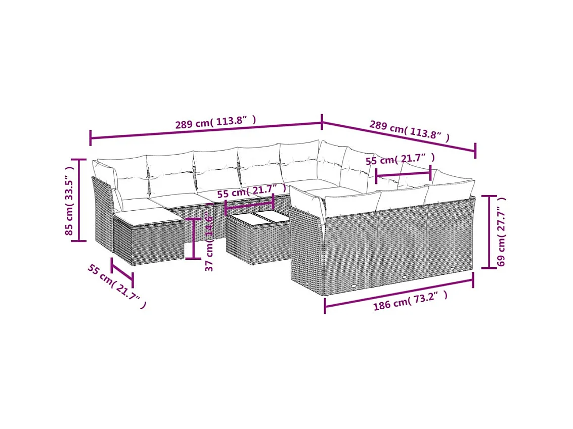 Salon de jardin avec coussins 13 pcs gris clair résine tressée