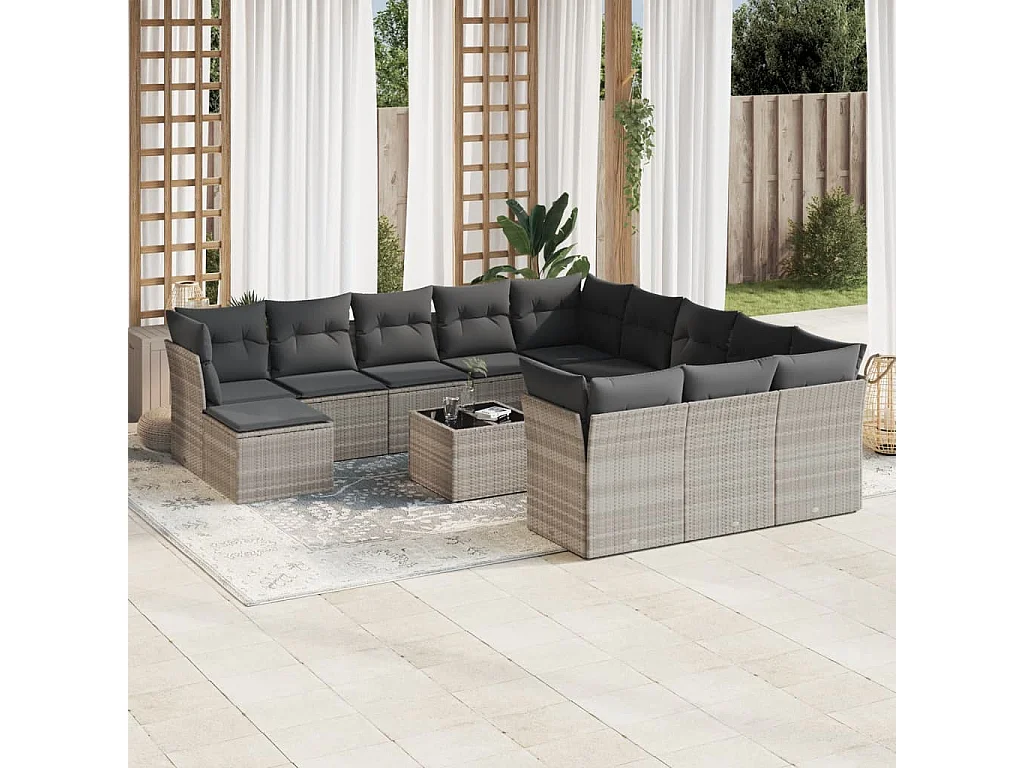 13-tlg. Garten-Sofagarnitur mit Kissen Hellgrau Poly Rattan
